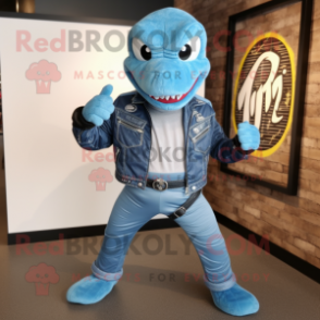 Sky Blue Titanoboa mascot costume character dressed with a Biker Jacket and Lapel pins