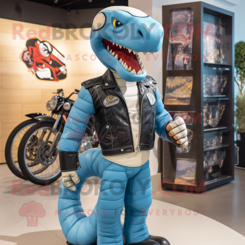 Sky Blue Titanoboa mascot costume character dressed with a Biker Jacket and Lapel pins