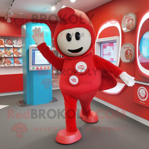 Red Plate Spinner mascot costume character dressed with a Playsuit and Messenger bags