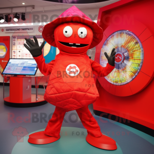 Red Plate Spinner mascot costume character dressed with a Playsuit and Messenger bags