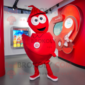Red Plate Spinner mascot costume character dressed with a Playsuit and Messenger bags