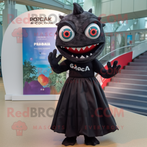 Black Piranha mascot costume character dressed with a Midi Dress and Headbands