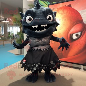 Black Piranha mascot costume character dressed with a Midi Dress and Headbands