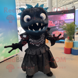 Black Piranha mascot costume character dressed with a Midi Dress and Headbands