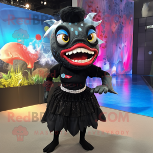 Black Piranha mascot costume character dressed with a Midi Dress and Headbands