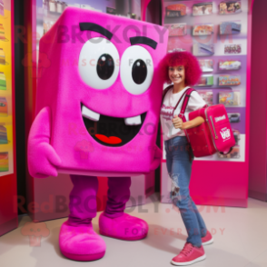 Magenta Candy Box mascot costume character dressed with a Mom Jeans and Wallets