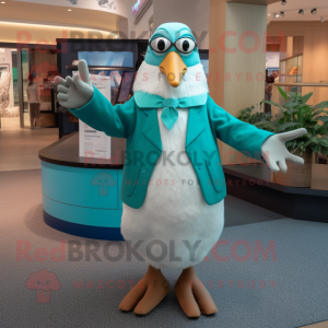 Teal Albatross mascot costume character dressed with a Suit and Cummerbunds