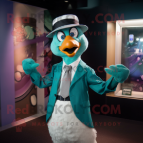 Teal Albatross mascot costume character dressed with a Suit and Cummerbunds