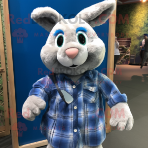 Blue Wild Rabbit mascot costume character dressed with a Flannel Shirt and Keychains