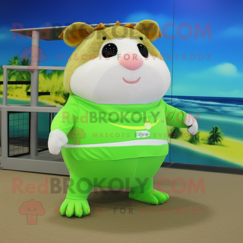 Lime Green Hamster mascot costume character dressed with a Bikini and Shoe laces