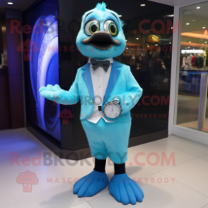 Turquoise Gosling mascot costume character dressed with a Suit Pants and Digital watches