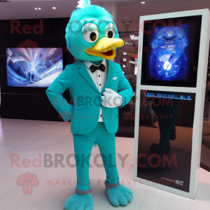 Turquoise Gosling mascot costume character dressed with a Suit Pants and Digital watches