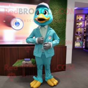 Turquoise Gosling mascot costume character dressed with a Suit Pants and Digital watches