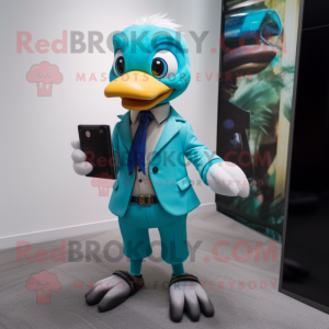 Turquoise Gosling mascot costume character dressed with a Suit Pants and Digital watches