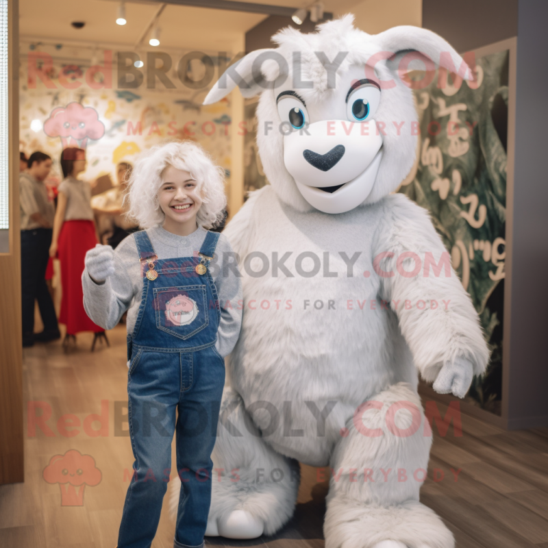 Silver Angora Goat mascot costume character dressed with a Mom Jeans and Earrings