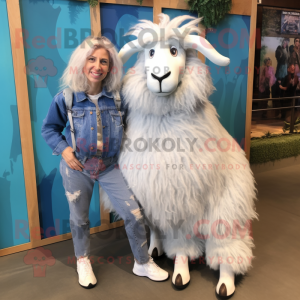 Silver Angora Goat mascot costume character dressed with a Mom Jeans and Earrings