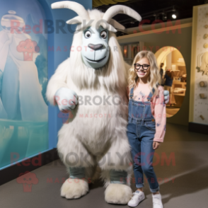 Silver Angora Goat mascot costume character dressed with a Mom Jeans and Earrings