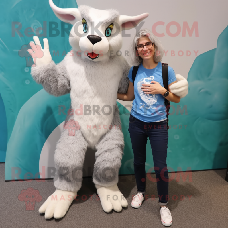 Silver Angora Goat mascot costume character dressed with a Mom Jeans and Earrings