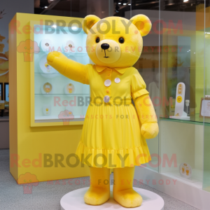 Lemon Yellow Bear mascot costume character dressed with a Shift Dress and Brooches