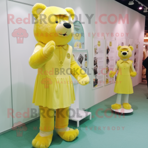 Lemon Yellow Bear mascot costume character dressed with a Shift Dress and Brooches