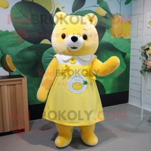 Lemon Yellow Bear mascot costume character dressed with a Shift Dress and Brooches