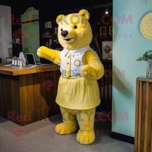 Lemon Yellow Bear mascot costume character dressed with a Shift Dress and Brooches