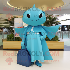 Cyan Stingray mascot costume character dressed with a A-Line Skirt and Handbags