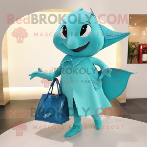 Cyan Stingray mascot costume character dressed with a A-Line Skirt and Handbags