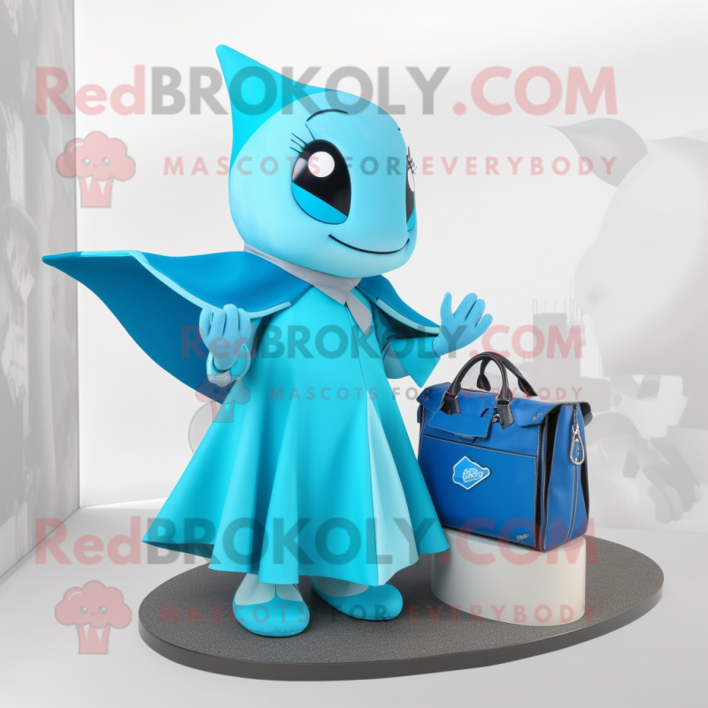 Cyan Stingray mascot costume character dressed with a A-Line Skirt and Handbags