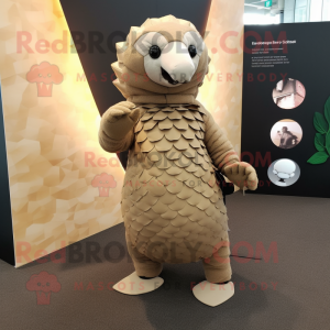 Beige Pangolin mascot costume character dressed with a Leggings and Mittens
