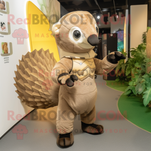 Beige Pangolin mascot costume character dressed with a Leggings and Mittens