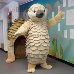 Beige Pangolin mascot costume character dressed with a Leggings and Mittens