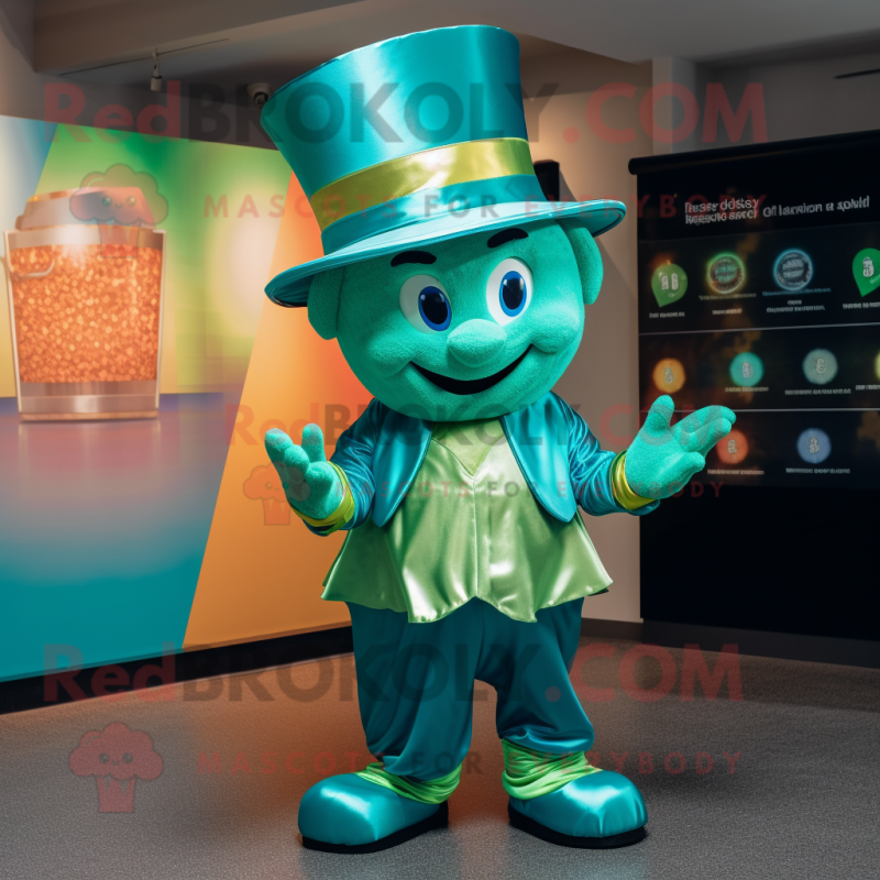 Teal Pot Of Gold mascot costume character dressed with a Graphic Tee and Hats
