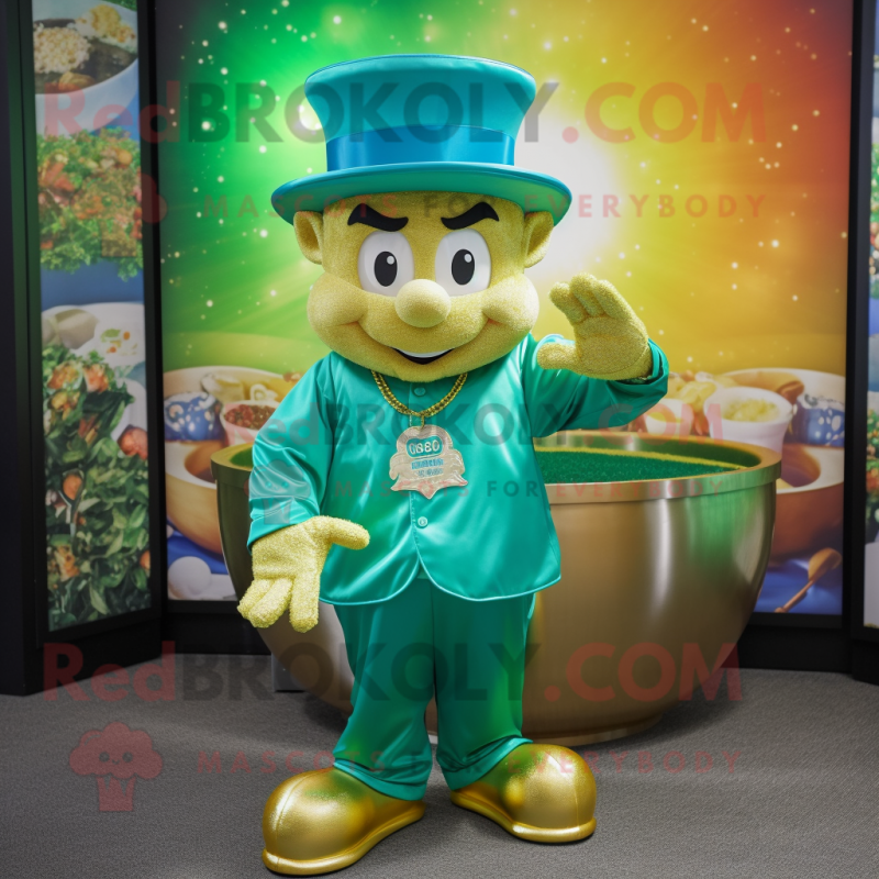 Teal Pot Of Gold mascot costume character dressed with a Graphic Tee and Hats