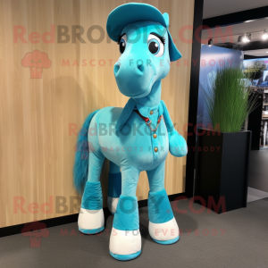 Cyan Mare mascot costume character dressed with a Bootcut Jeans and Clutch bags