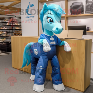 Cyan Mare mascot costume character dressed with a Bootcut Jeans and Clutch bags