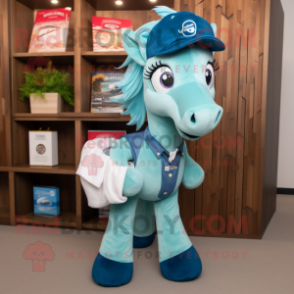 Cyan Mare mascot costume character dressed with a Bootcut Jeans and Clutch bags