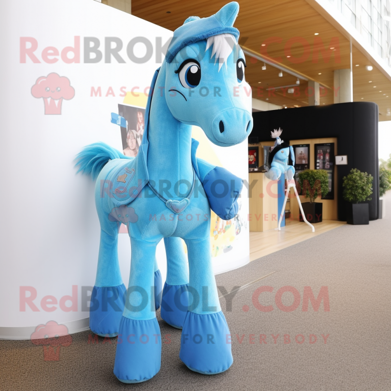 Cyan Mare mascot costume character dressed with a Bootcut Jeans and Clutch bags