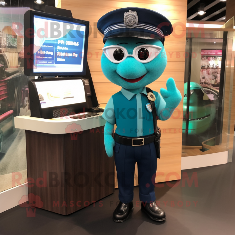 Teal Police Officer mascot costume character dressed with a Pencil Skirt and Wallets Teal Police Officer mascot costume character dressed with a Pencil Skirt and Wallets