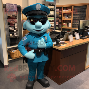 Teal Police Officer mascot costume character dressed with a Pencil Skirt and Wallets