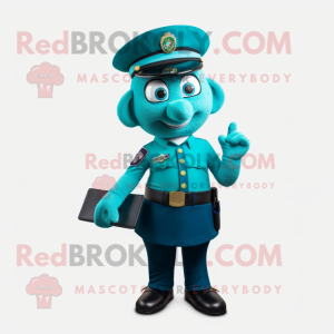 Teal Police Officer mascot costume character dressed with a Pencil Skirt and Wallets