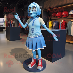 Sky Blue Undead mascot costume character dressed with a Mini Skirt and Shoe laces