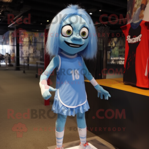 Sky Blue Undead mascot costume character dressed with a Mini Skirt and Shoe laces