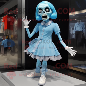 Sky Blue Undead mascot costume character dressed with a Mini Skirt and Shoe laces