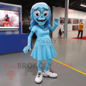 Sky Blue Undead mascot costume character dressed with a Mini Skirt and Shoe laces