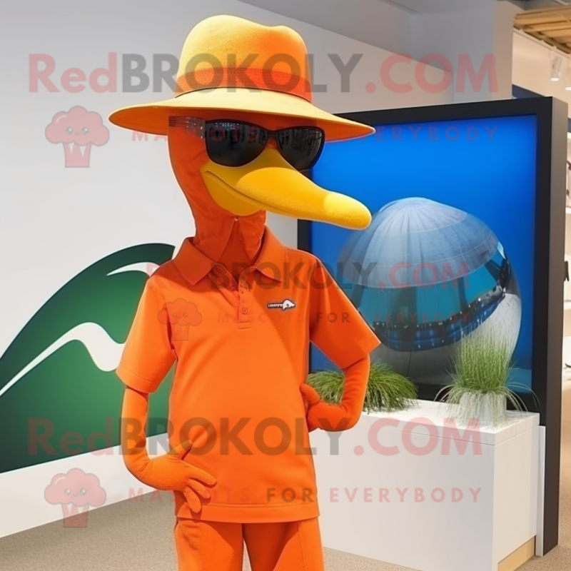 Orange Archeopteryx mascot costume character dressed with a Swimwear and Hat pins