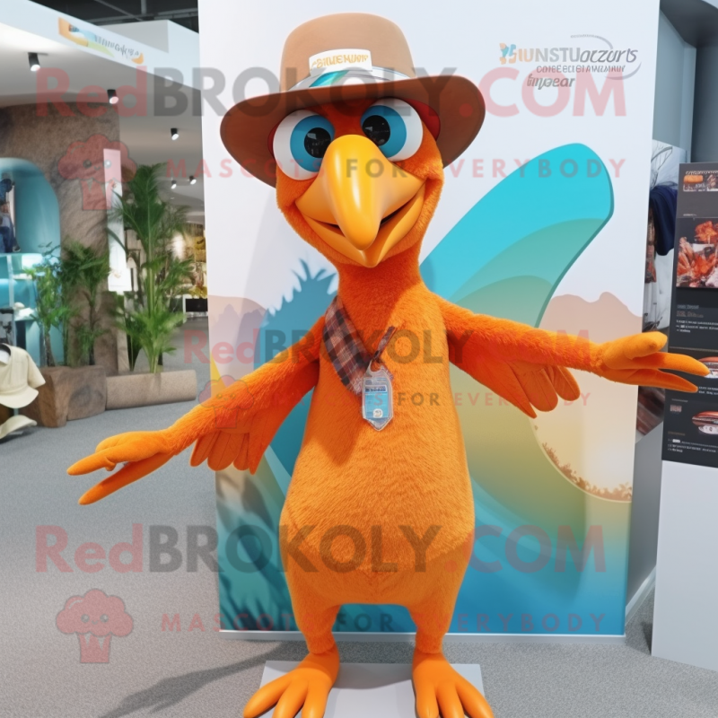 Orange Archeopteryx mascot costume character dressed with a Swimwear and Hat pins Orange Archeopteryx mascot costume character dressed with a Swimwear and Hat pins