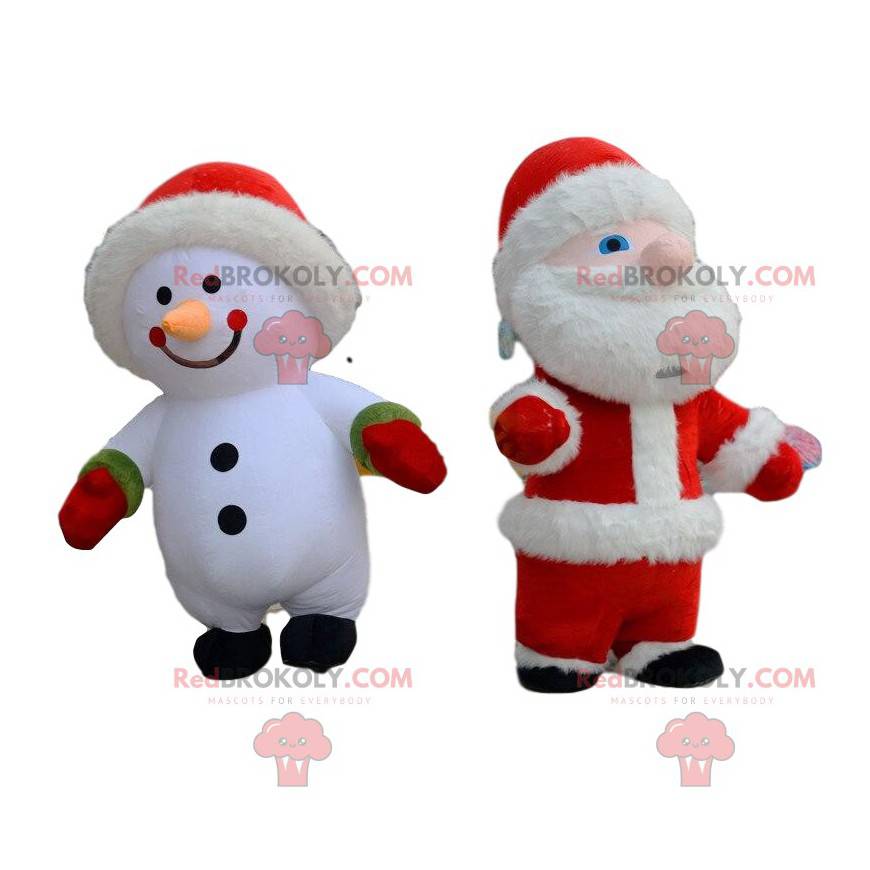 2 inflatable costumes, a snowman and a Santa Claus -