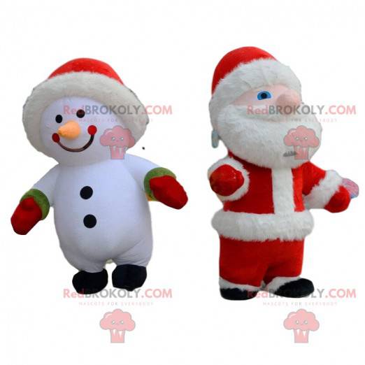 2 inflatable costumes, a snowman and a Santa Claus -