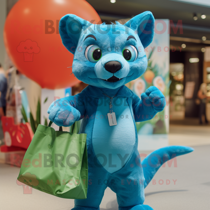 Cyan Jaguarundi mascot costume character dressed with a Poplin Shirt and Tote bags Cyan Jaguarundi mascot costume character dressed with a Poplin Shirt and Tote bags